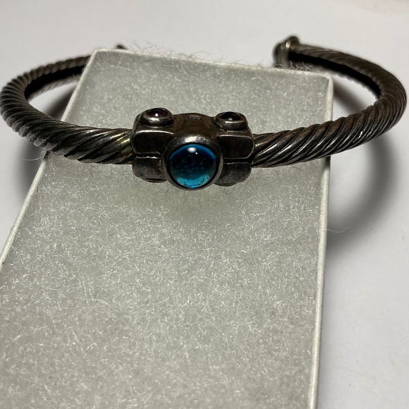 Sterling Silver Open Cable Cuff Bracelet with Blue Topaz Stones. 2 3/8” across - Picture 3 of 7